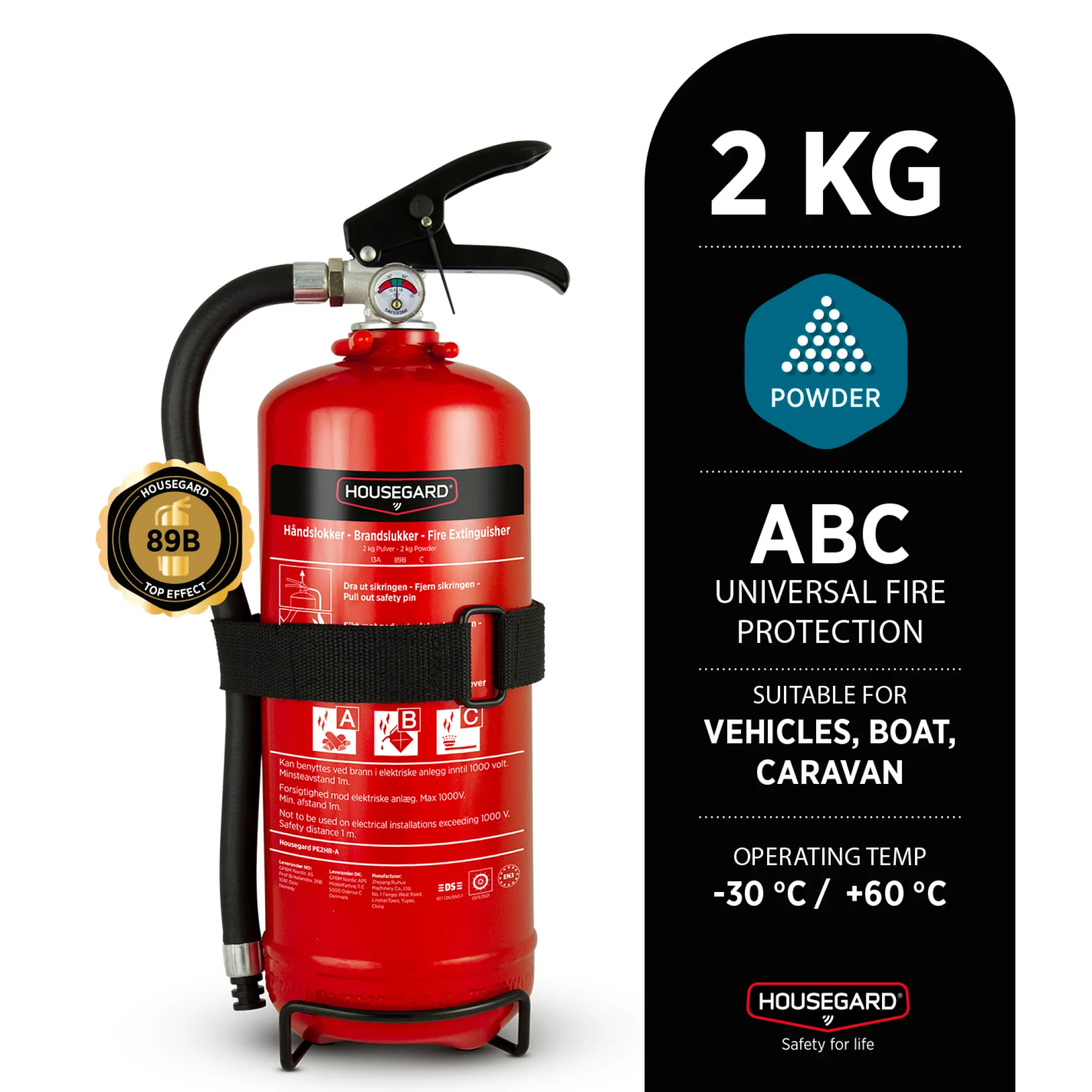 Pulverslukker 2 kg, PE2HR-A, 13A 89B C, rød