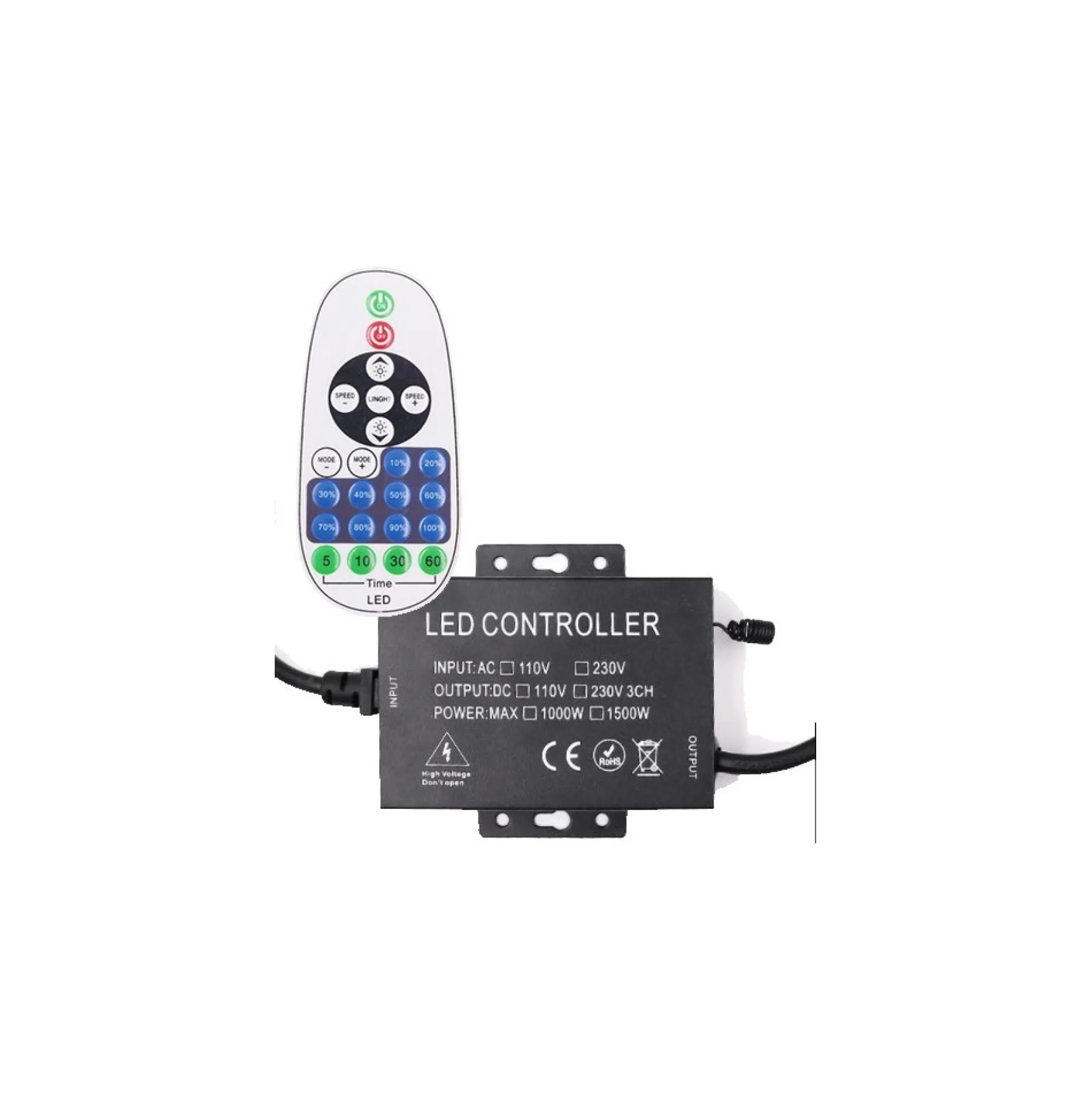 RF trådløs timer+dæmper med fjernbetjening, inkl. endeprop, til 230V 8x16 Neonflex, memory funktion, maks. 100 meter, IP67 vandtæt