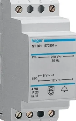 Ringetransformer, 4VA, 8-12V 2 modul, DIN-skinne, ST301 – Hager