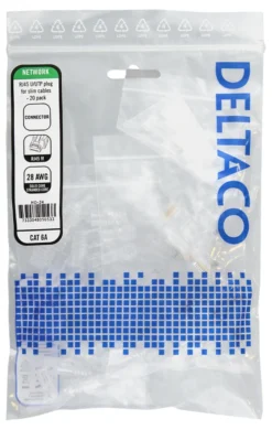 RJ45 konnektor til slim patch kabel, Cat6a, 28AWG, 20 stk. - Deltaco
