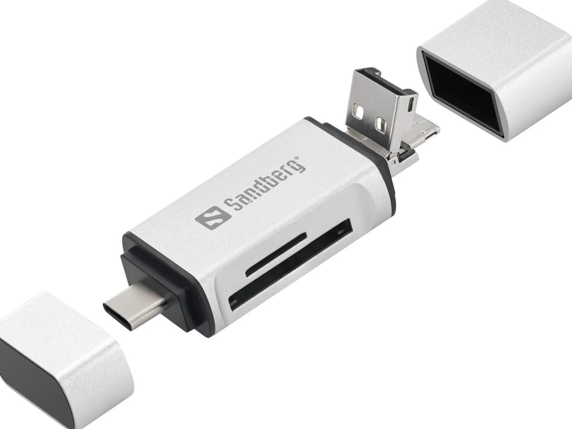 Sandberg kortlæser, USB-C, USB, MicroUSB, MicroSD, SD, 80 mm, 16 mm, sølv