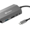 Sandberg USB-C 6-i-1 rejse-dock, USB 3.0 (3.1 Gen 1) Type-C, 100W, 10/100/1000 Mbit/s, MMC, MicroSD, grå