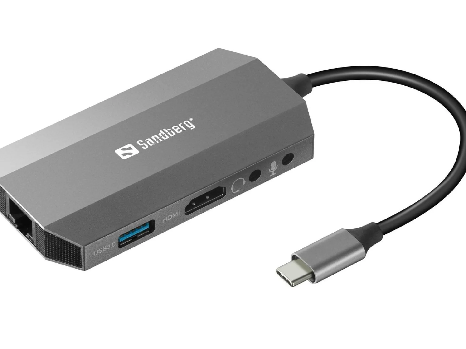 Sandberg USB-C 6-i-1 rejse-dock, USB 3.0 (3.1 Gen 1) Type-C, 100W, 10/100/1000 Mbit/s, MMC, MicroSD, grå