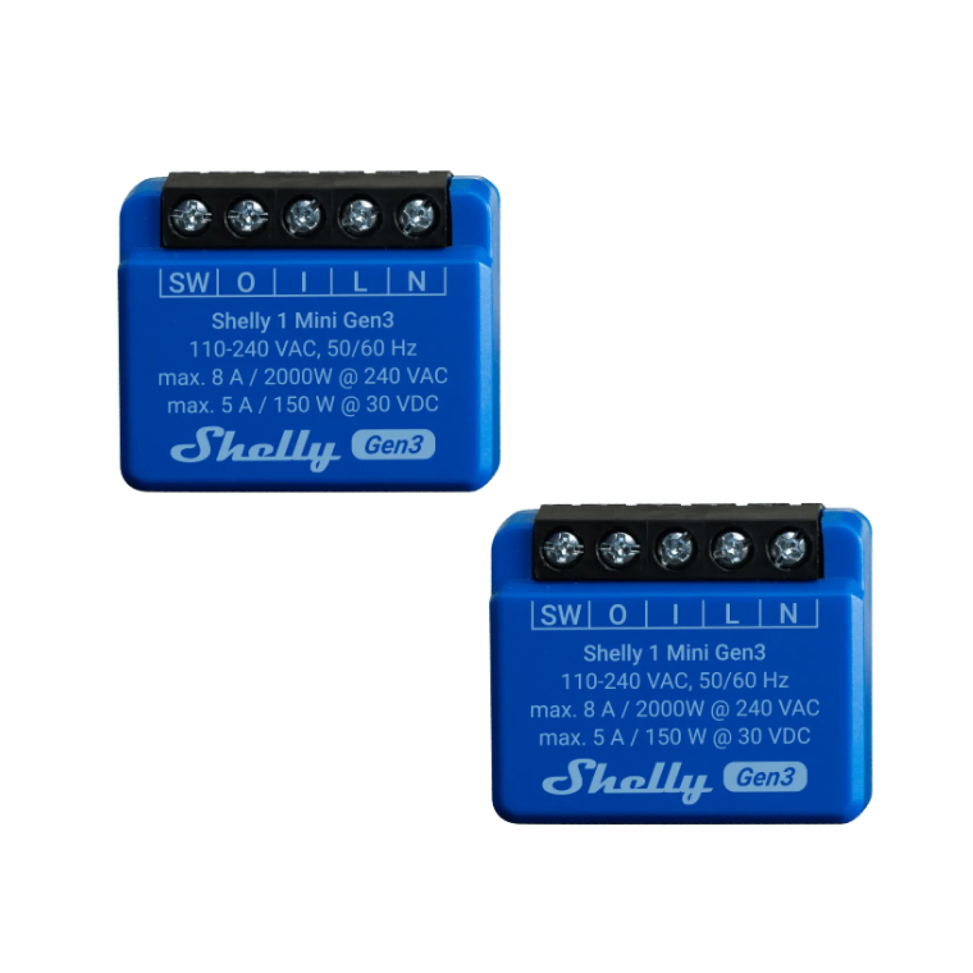 Shelly Plus 1 Mini Gen3, WiFi-styret 1-kanals relæ, 8A, potentialfrit kontaktsæt, 2 pak