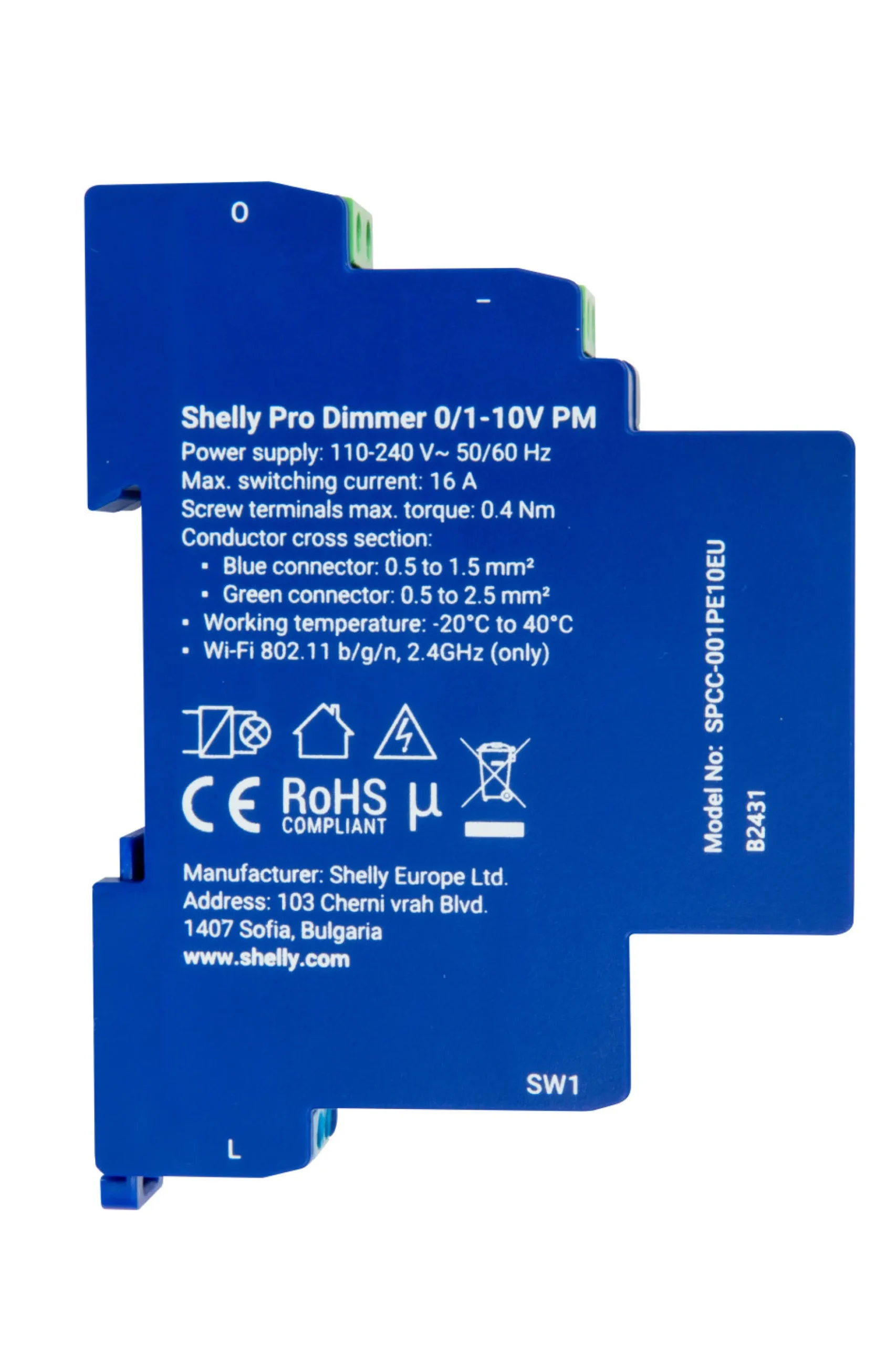 Shelly Pro Dimmer 0/1-10V PM, WiFi-styret 0/1-10V styring, DIN-skinne
