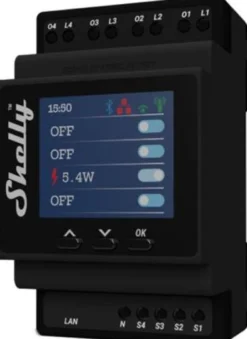 Shelly Pro 4PM, WiFi-styret 4-kanals relæ, 4x16A, 40A max, DIN-skinne, effektmåling