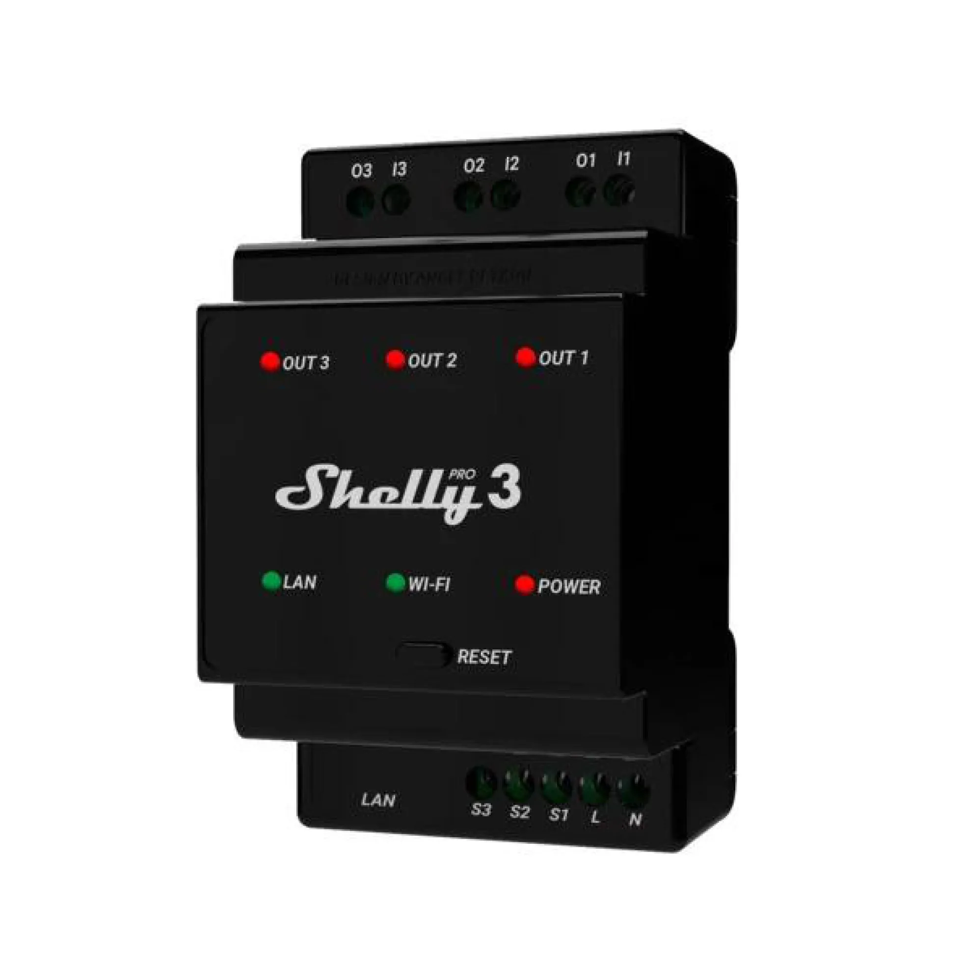 Shelly Pro 3, WiFi relæ 3-kanals 3x16A (48A max), potentialfrie kontaktsæt, DIN-skinne