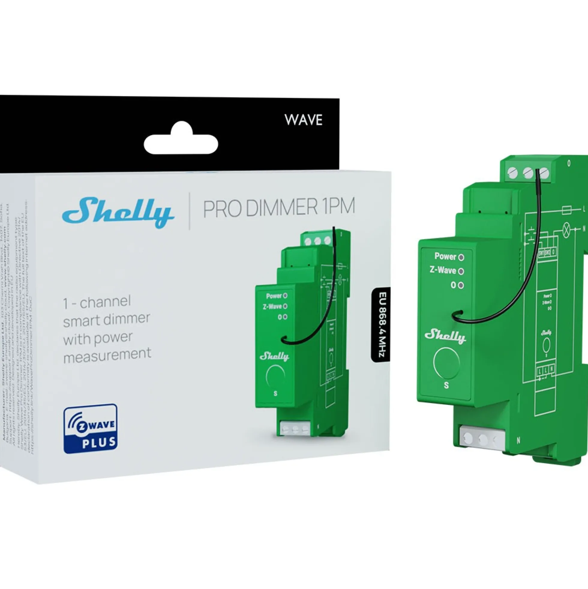 Shelly Wave Pro Dimmer 1PM, 1-kanal DIN lysdæmper m. energimåling, Z-Wave