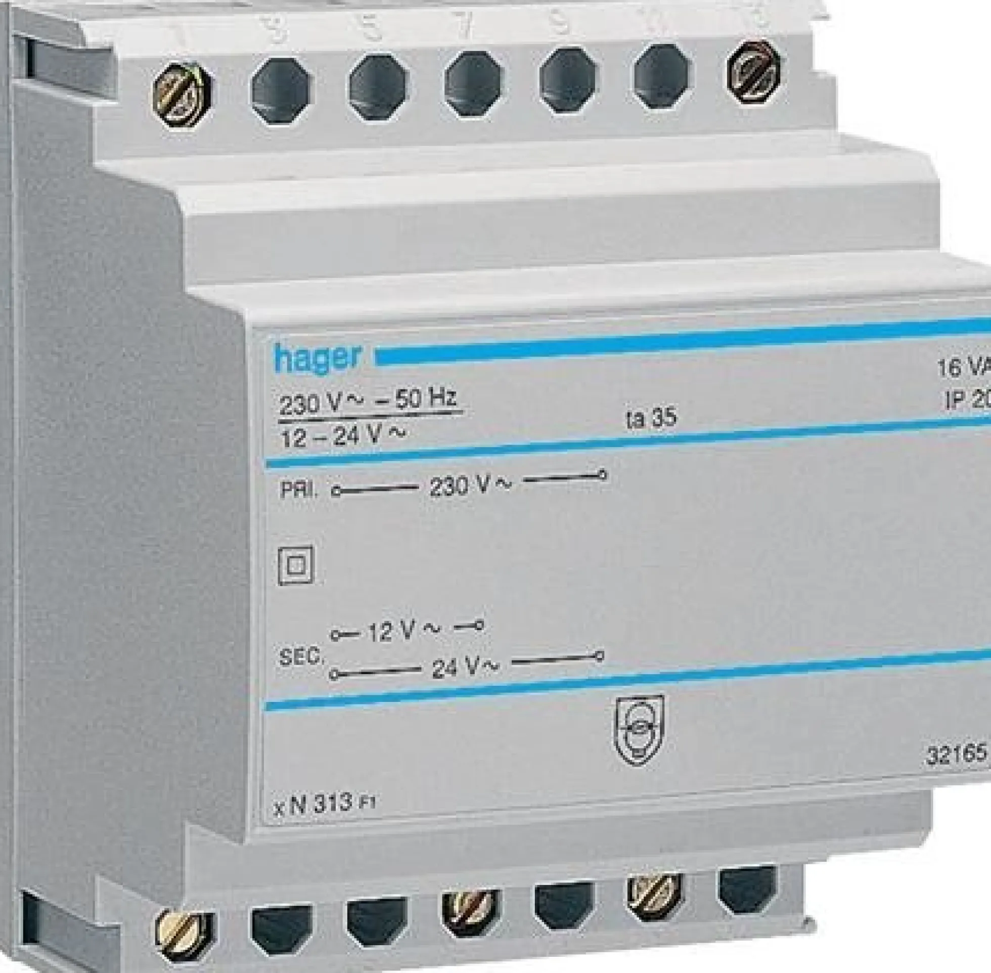 Sikkerhedstransformer, 16VA, 230Vac til 12-24Vac, DIN-skinne, ST313 – Hager