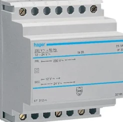 Sikkerhedstransformer 25VA, 230Vac til 12-24Vac, DIN-skinne, ST312 – Hager