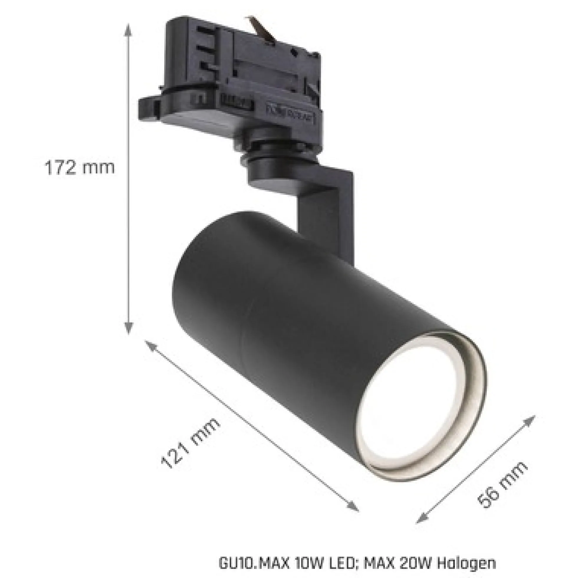 Skinnespot med GU10 fatning, 230V, Aluminium, Højde 172mm, Dybde 121mm, Diameter 56mm, IP20
