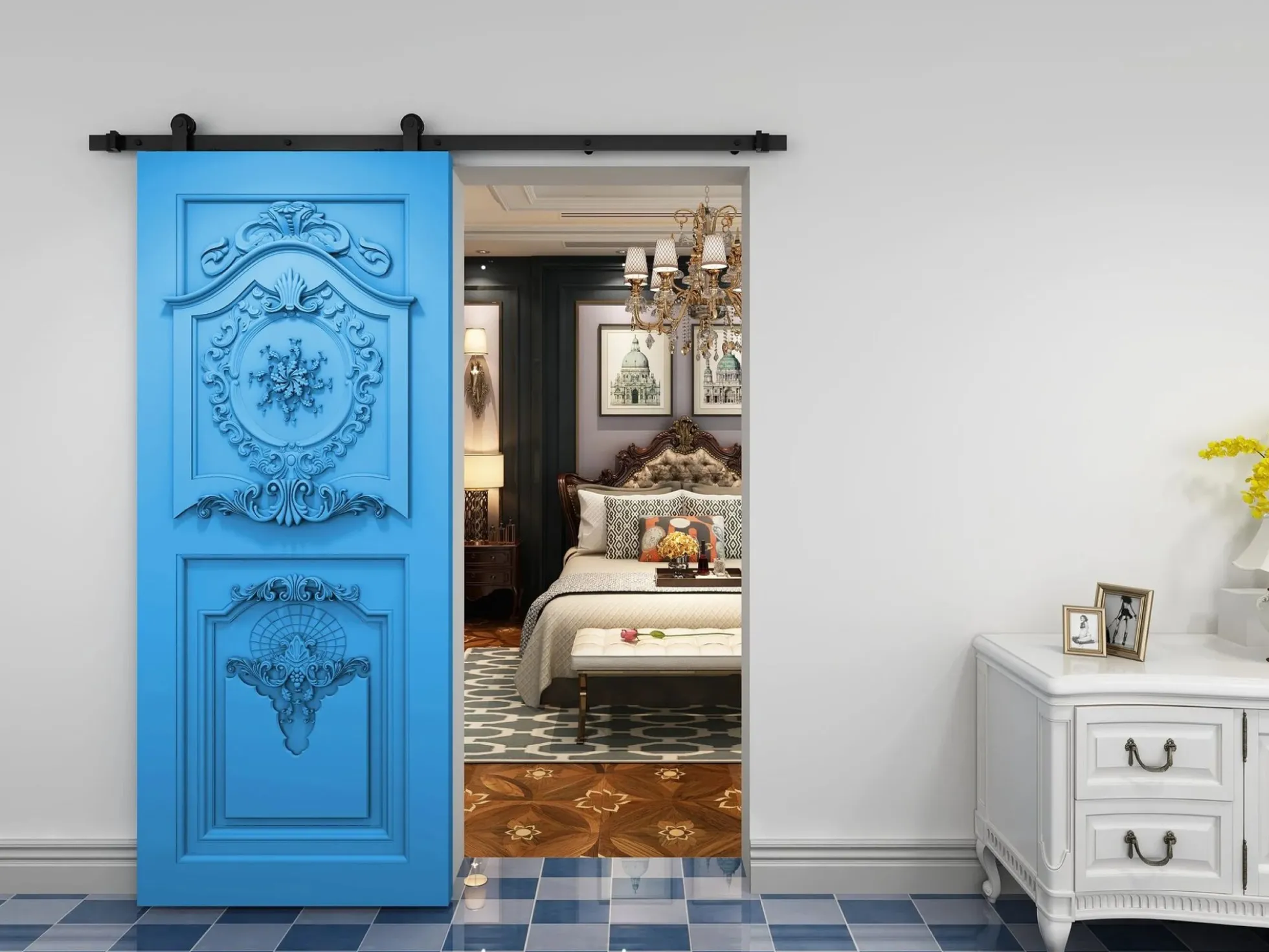 Skydedørsskinnesæt retro mat sort, 3m, soft close (single/dual) (80kg)