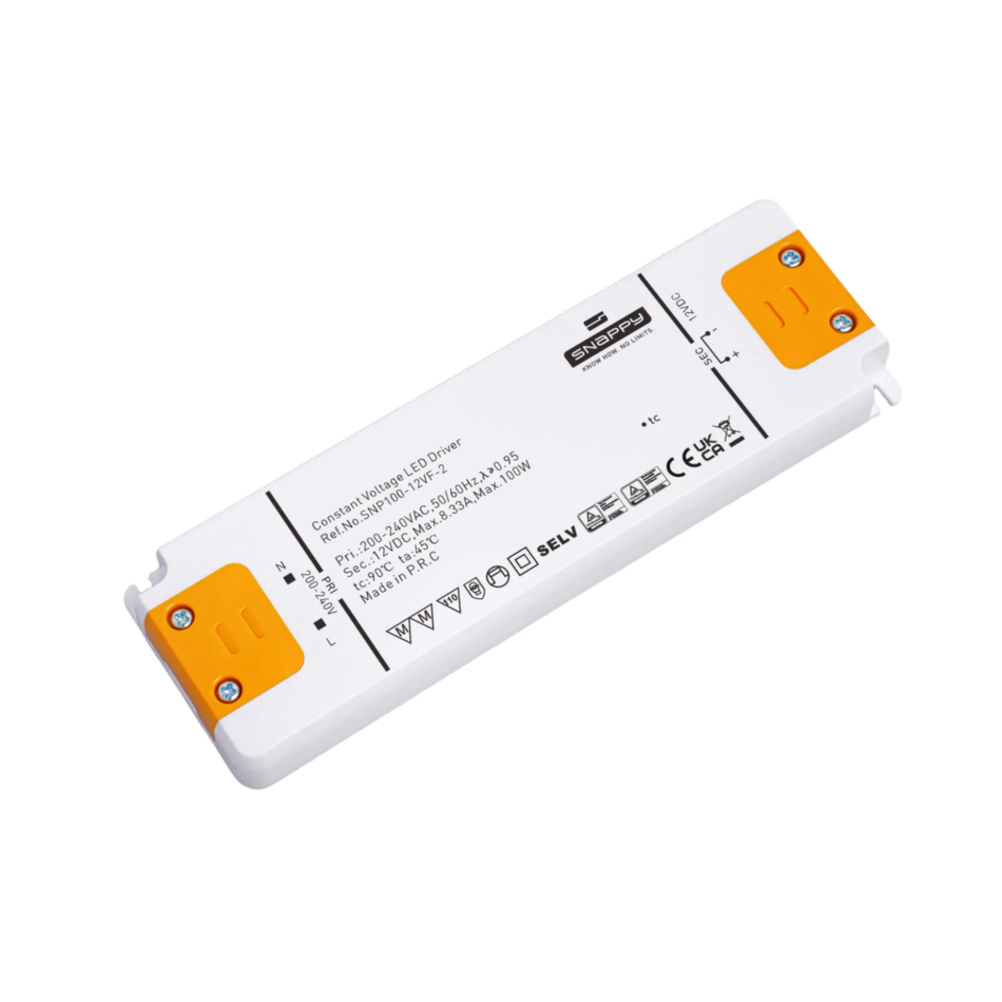 Snappy strømforsyning, 100W, 12V DC, 8.33A, IP20 indendørs