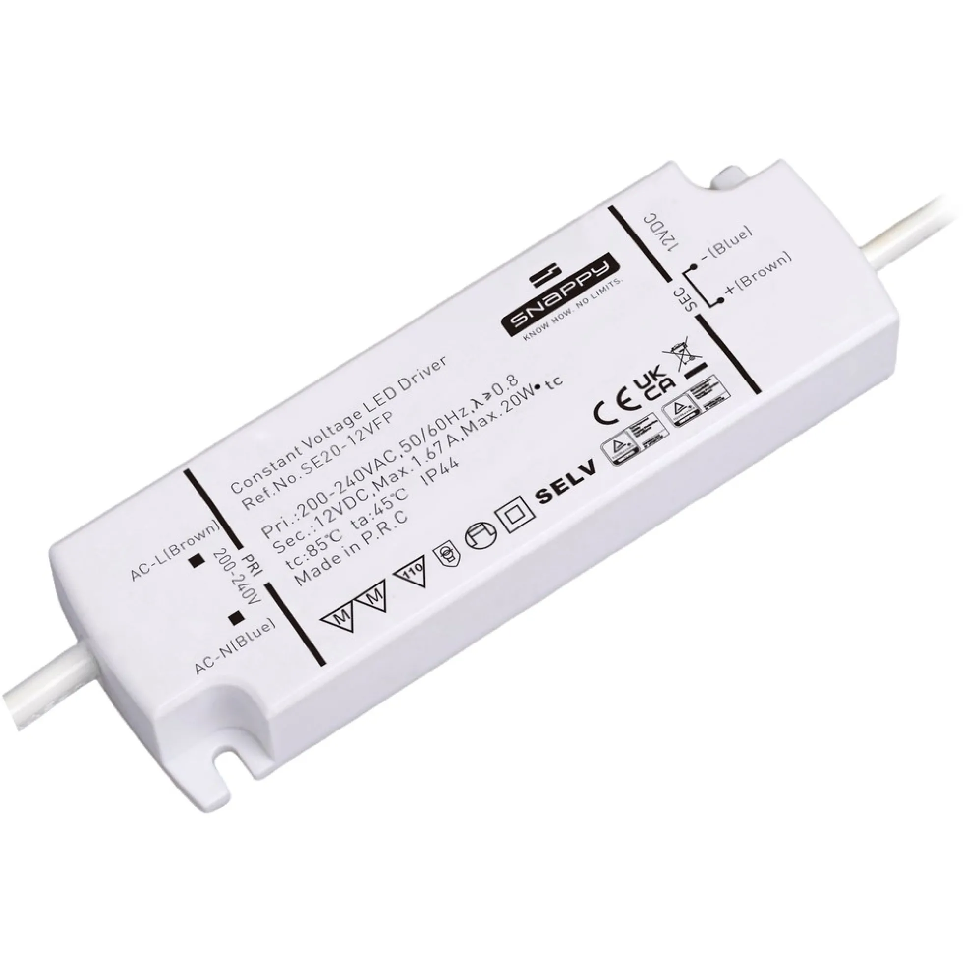 Snappy strømforsyning, 20W, 12V DC, 1.67A, IP44