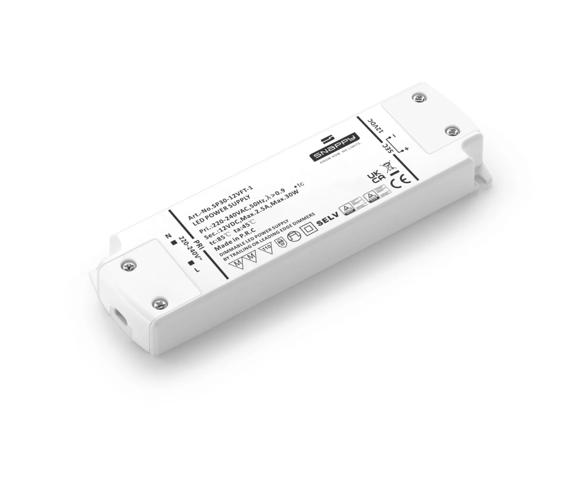 Snappy strømforsyning, 30W, 12V DC, dæmpbar, IP20