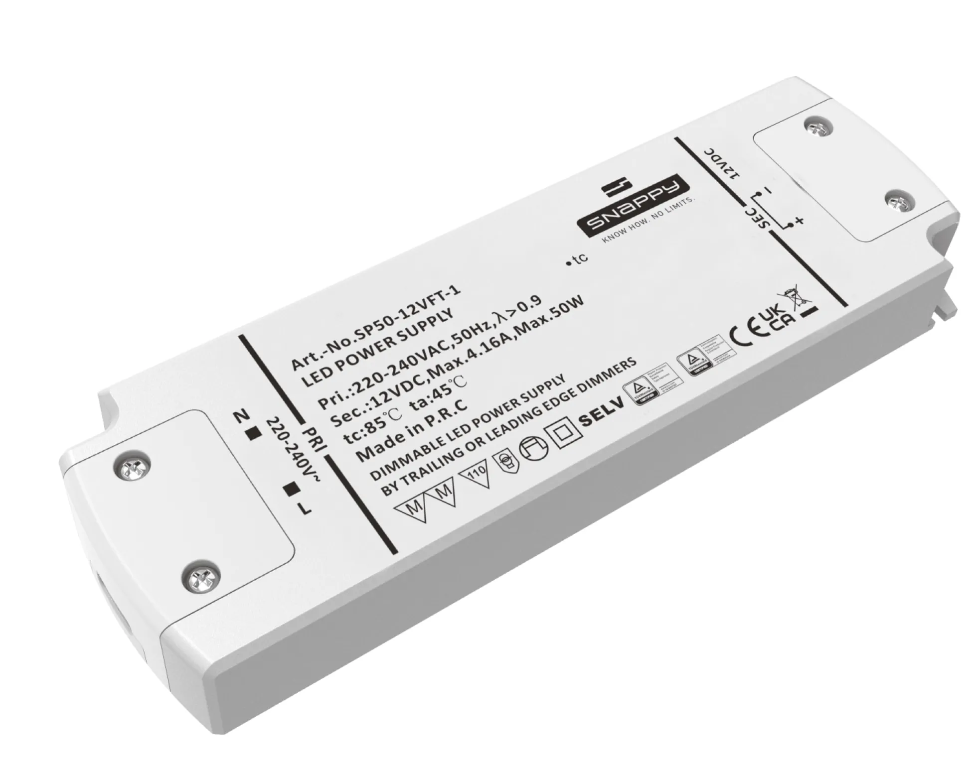 Snappy strømforsyning, 50W, 12V DC, dæmpbar, 4.16A, IP20