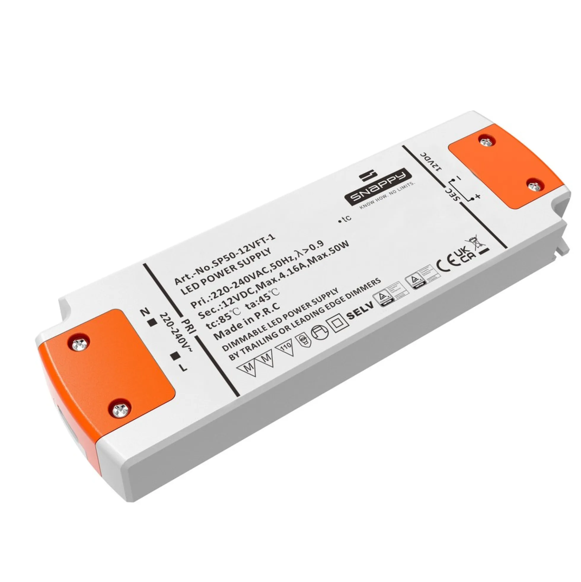 Snappy strømforsyning, 50W, 12V DC, dæmpbar, 4.16A, IP20
