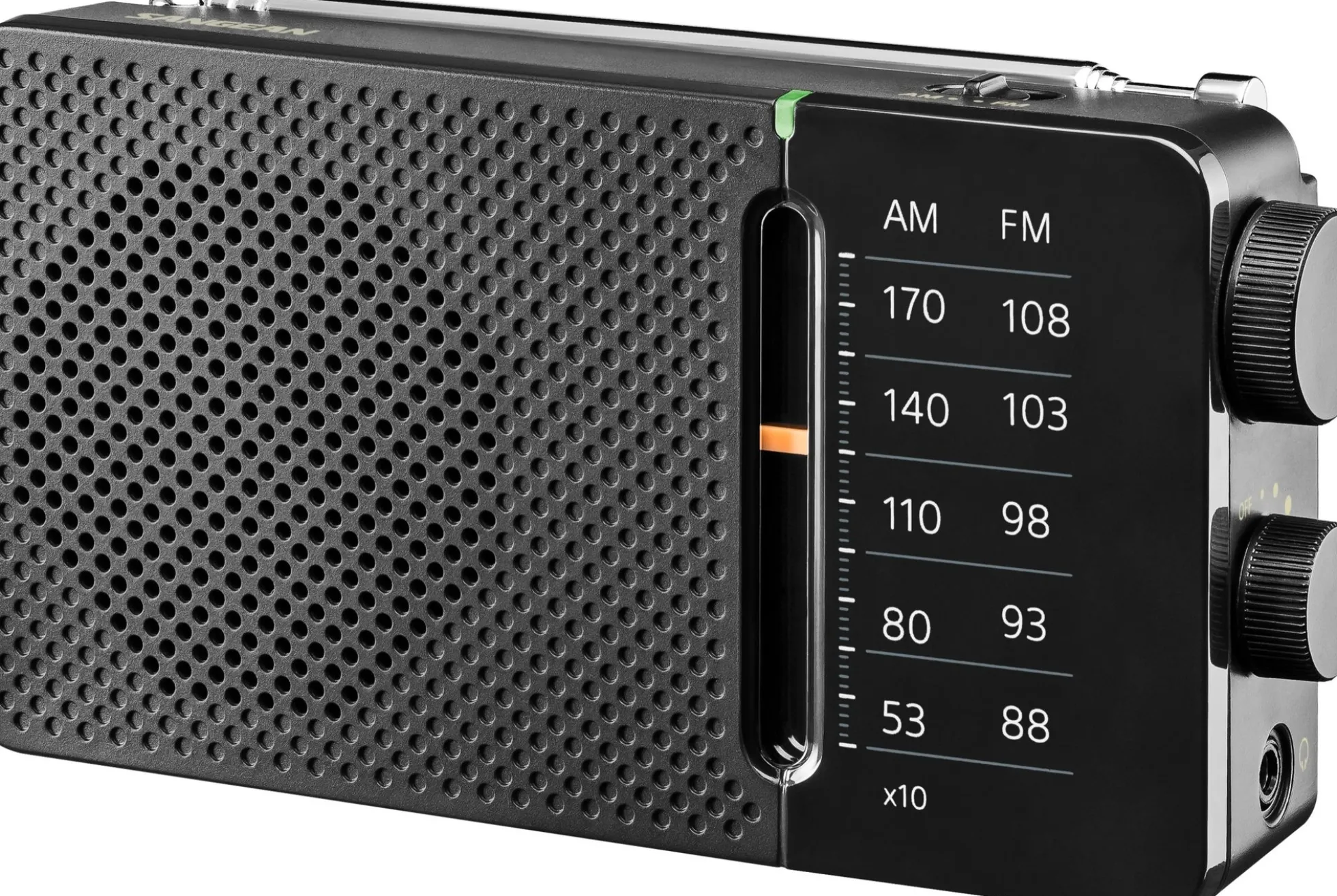 SR-36, sort, AM/FM analog lommeradio, med indbygget højttaler