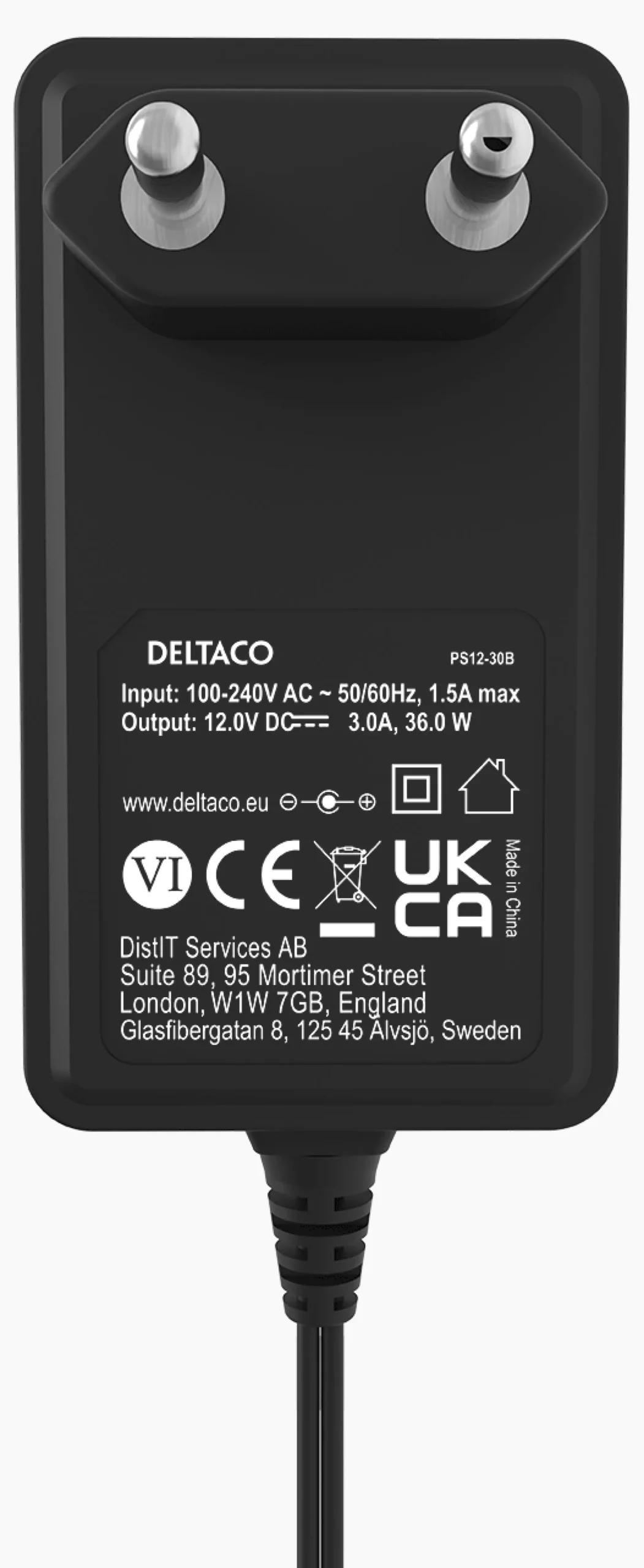 strømforsyning, 100-240 V til 12V 3A, sort