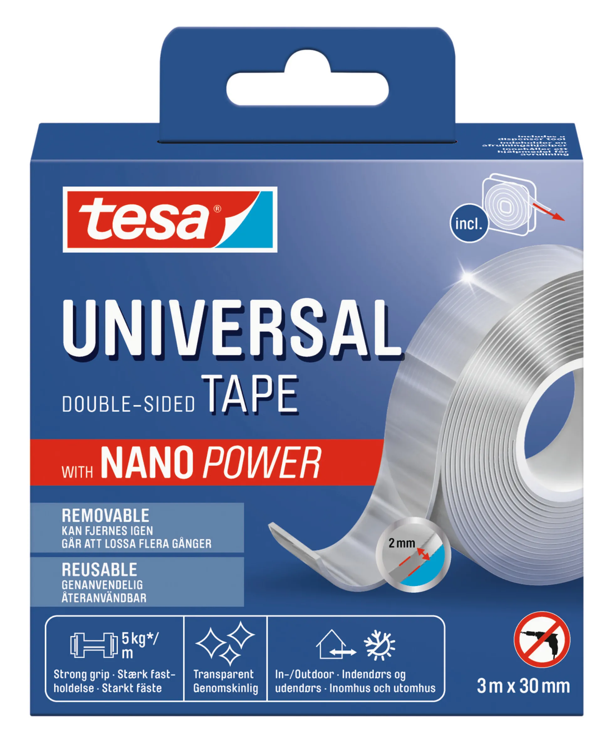 tesa dobbeltklæbende Nano Power tape, 30 mm x 3 meter, klar