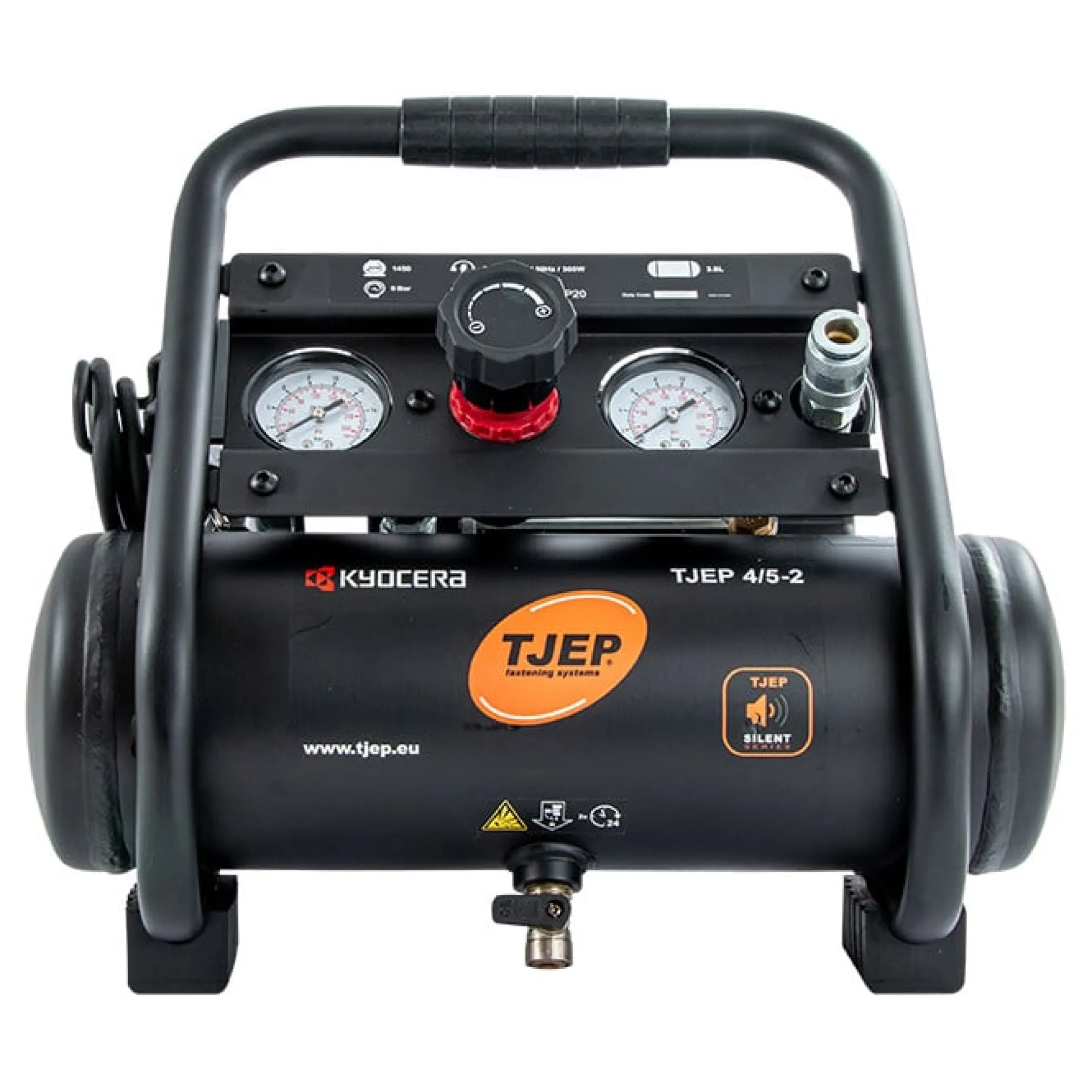 Tjep Silent kompressor 4/5-2, 2 cylinder, 3,8L tank, 49 liter/min v 0 bar, max 9 bar, olie fri