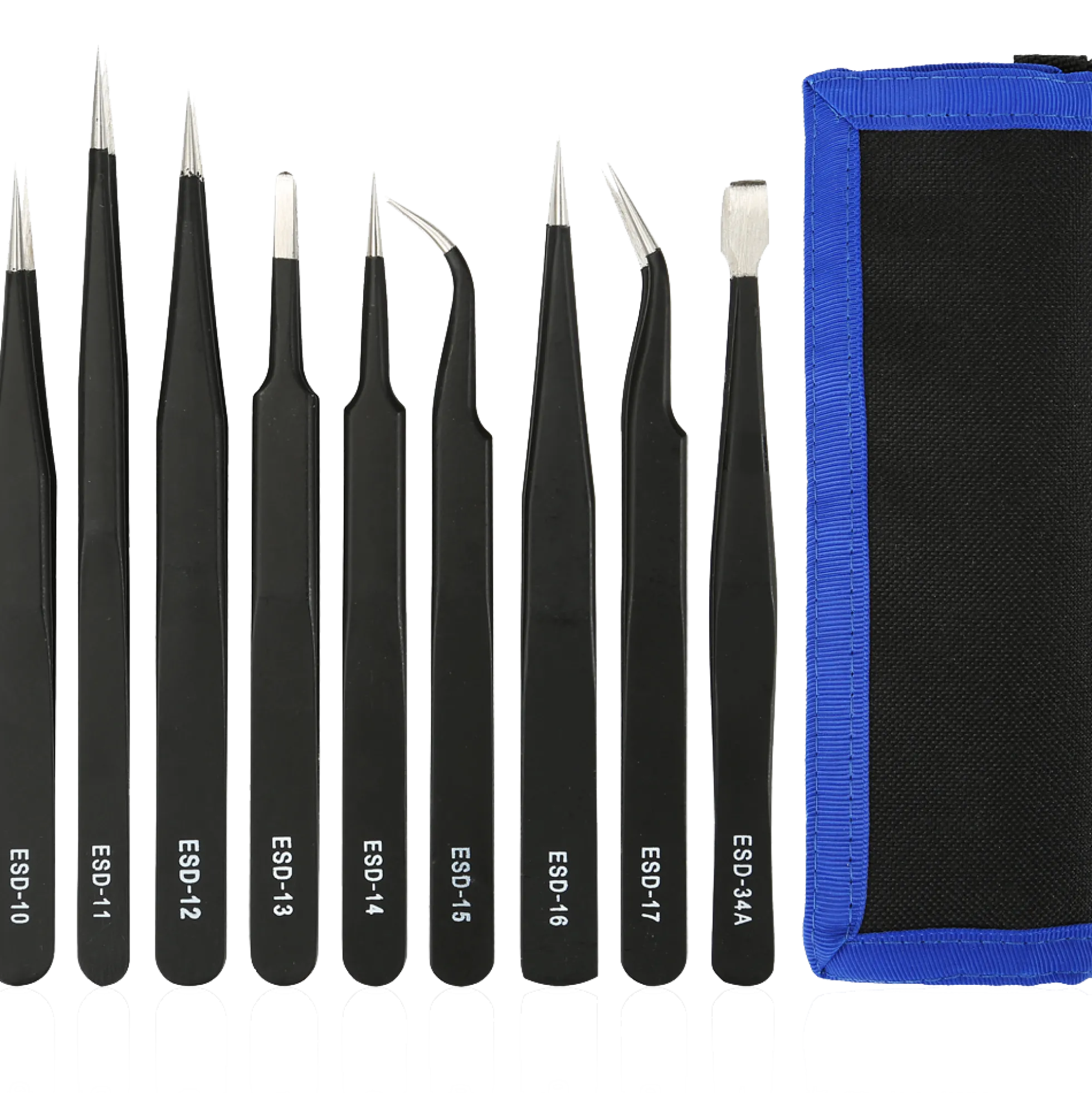 Tweezer kit, 9 pieces, ESD, sort