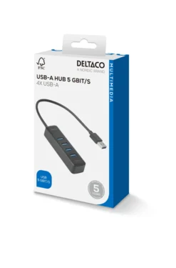USB-A hub, 5 Gbit/s, 4x USB-A, slim, black - Deltaco