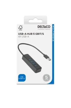 USB-A hub, 5 Gbit/s, 4x USB-A, slim, black - Deltaco