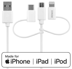 Usb-A - lightning kabel, 3-i-1, 1 m, hvid - Deltaco