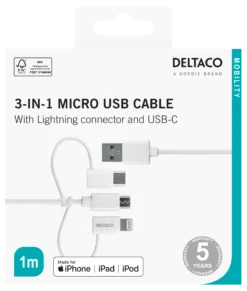 Usb-A - lightning kabel, 3-i-1, 1 m, hvid - Deltaco