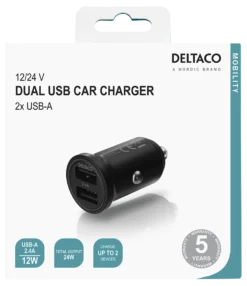 USB-biloplader, 12/24V, dobbelt USB-A, 24W, sort