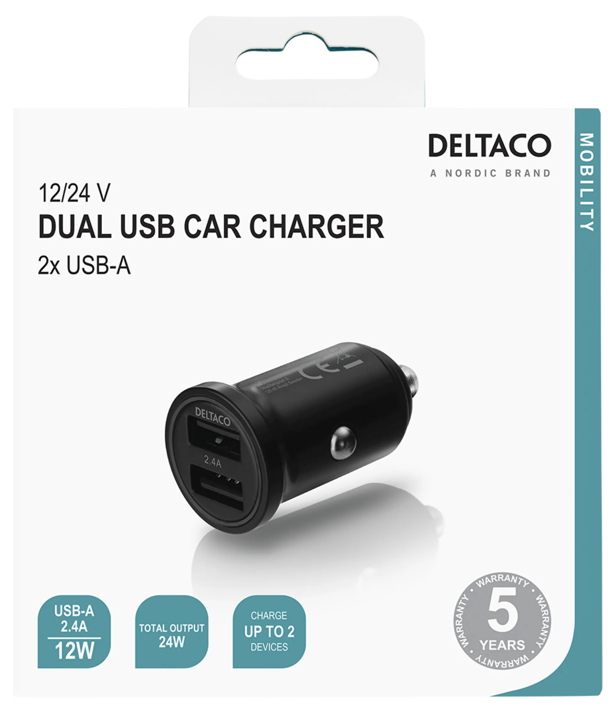 USB-biloplader, 12/24V, dobbelt USB-A, 24W, sort