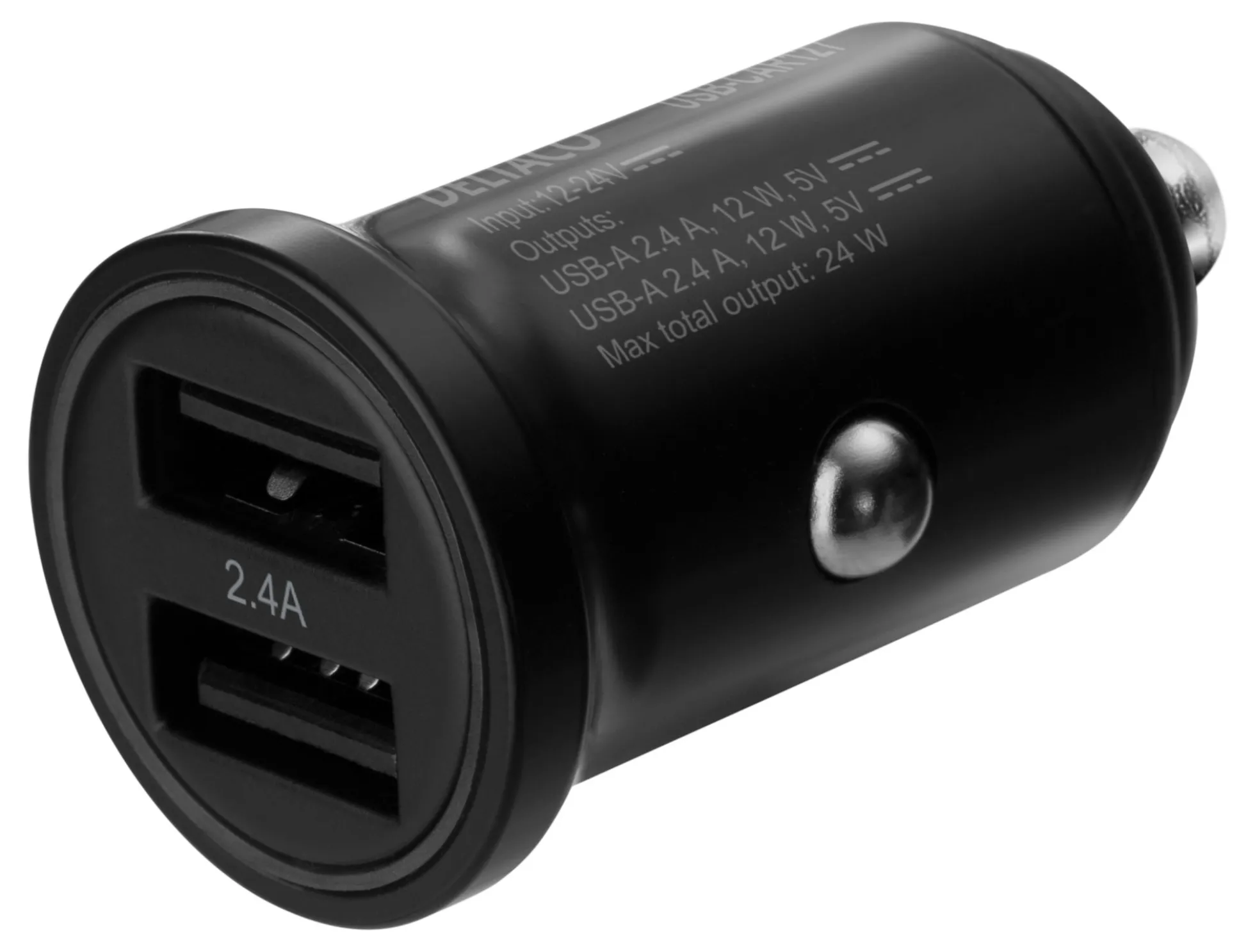 USB-biloplader, 12/24V, dobbelt USB-A, 24W, sort