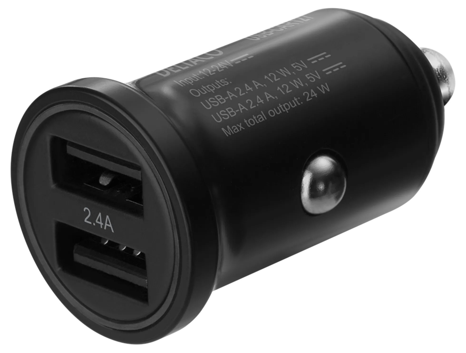 USB-biloplader, 12/24V, dobbelt USB-A, 24W, sort