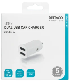 USB biloplader, 2x USB-A, 2.4 A, total 12 W, hvid