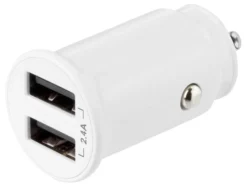USB biloplader, 2x USB-A, 2.4 A, total 12 W, hvid