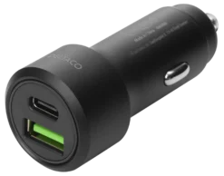 USB biloplader, 1xUSB-A 18W, 1xUSB-C PD 20W, total 38W, sort
