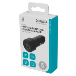 USB biloplader, 1xUSB-A 18W, 1xUSB-C PD 20W, total 38W, sort