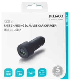 USB biloplader, 1xUSB-A 18W, 1xUSB-C PD 20W, total 38W, sort