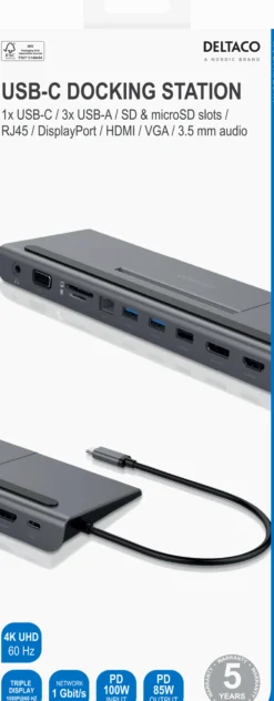 USB-C docking station VGA/DP/HDMI/SD/RJ45/3.5, PD 3.0, space grey - Deltaco