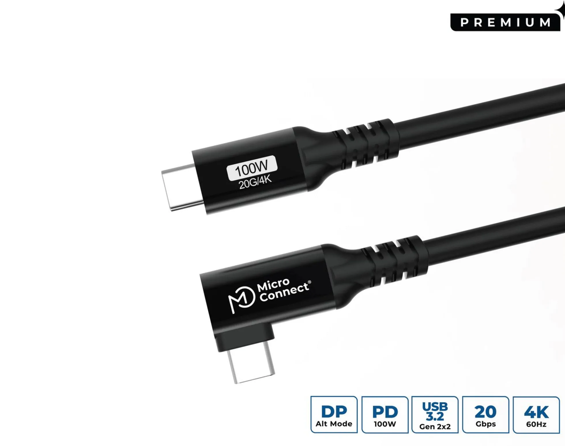 USB-C til USB-C premium kabel, 100W, 20 Gbps, USB 3.2 Gen 2x2, vinklet