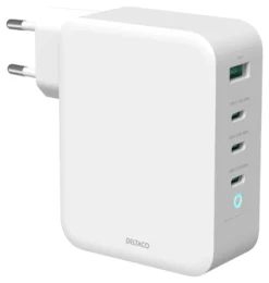 USB-C-vægoplader, 1x USB-A, 3x USB-C, i alt 130 W, hvid