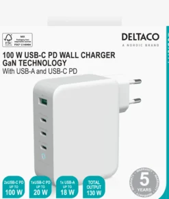 USB-C-vægoplader, 1x USB-A, 3x USB-C, i alt 130 W, hvid