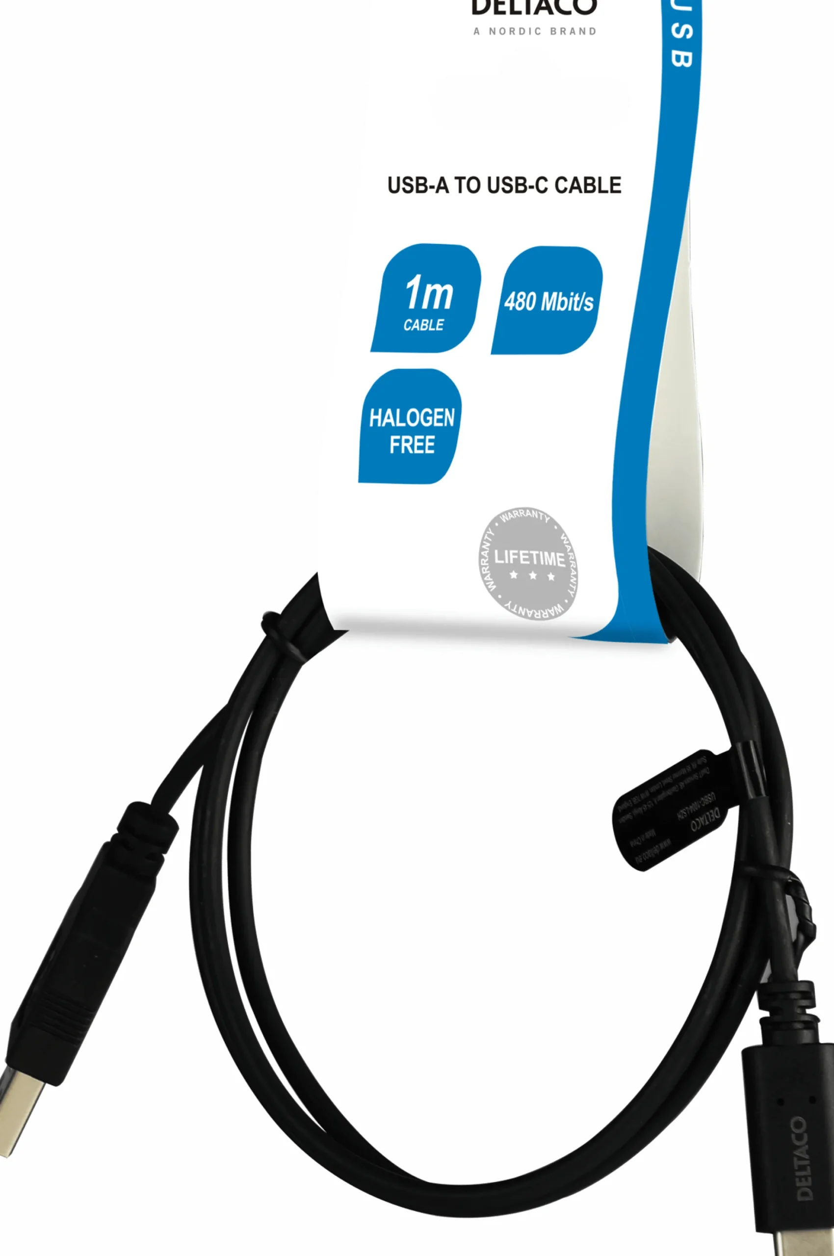 Usb 2.0 kabel, typ A - typ C, 1m, sort - Deltaco