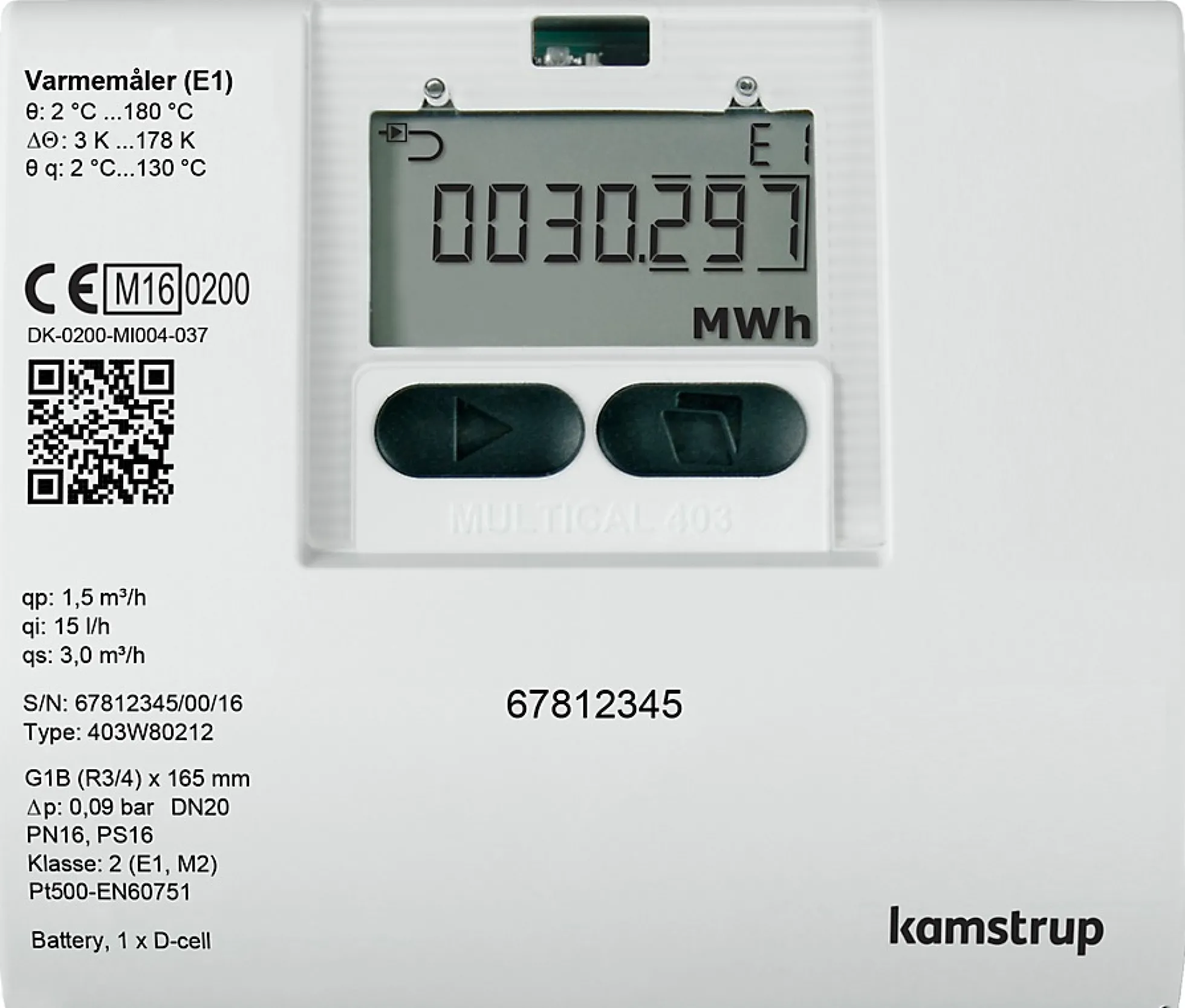 Varmemåler MULTICAL® 403, 3,5M³/H, 260mm, 5/4" med batteri til returmontage - Kamstrup
