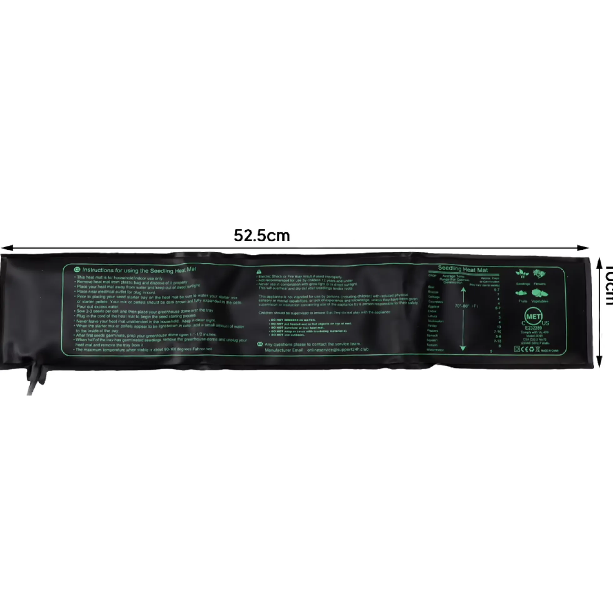 Varmemåtte til forspiring af frø, 8W, 10 x 52,5 cm, 1,8 meter ledning, 45W