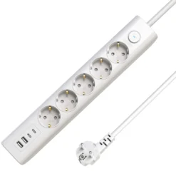 5-vejs USB Schuko stikdåse, med afbryder, 1,5 meter ledning, hvid