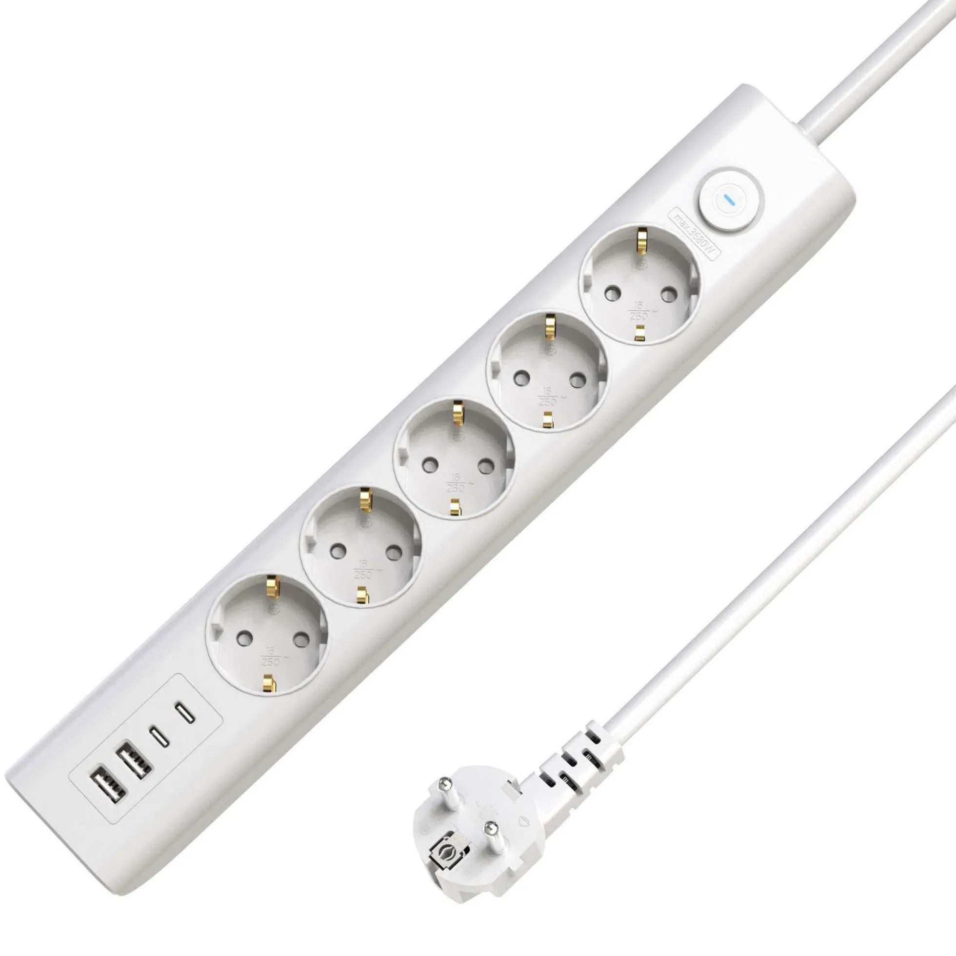 5-vejs USB Schuko stikdåse, med afbryder, 1,5 meter ledning, hvid