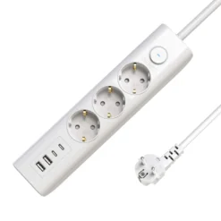 3-vejs USB Schuko strømskinne med tænd/sluk-knap, 1,5 meter, hvid