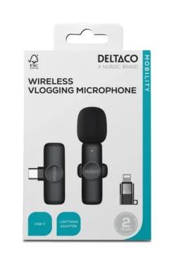 vlogging mikrofon, trådløs, USB-C/Lightning adapter, sort